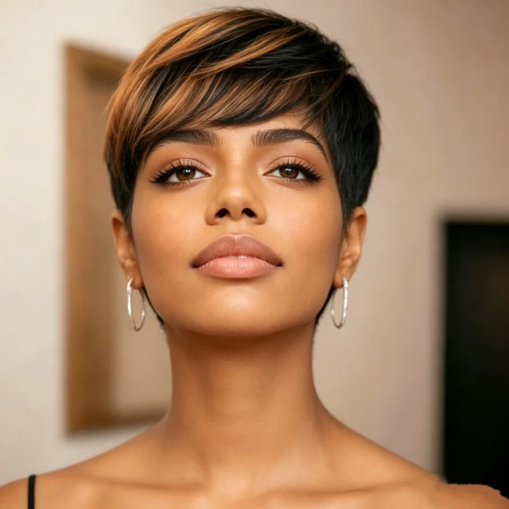 Short Pixie Cut Wig for Black Women Human Hair 1B30 Colored Short Layered Pixie Wigs With Bangs for Women Machine Mad