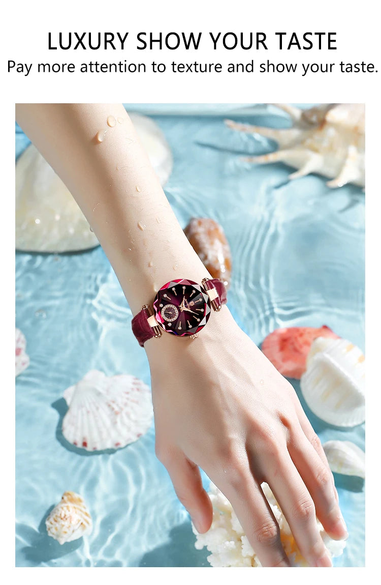 POEDAGAR Relojes de mujer, moda, esfera de diamante, cuero, cuarzo, marca superior de lujo, resistente al agua, reloj de pulsera para mujer, regalo para novia