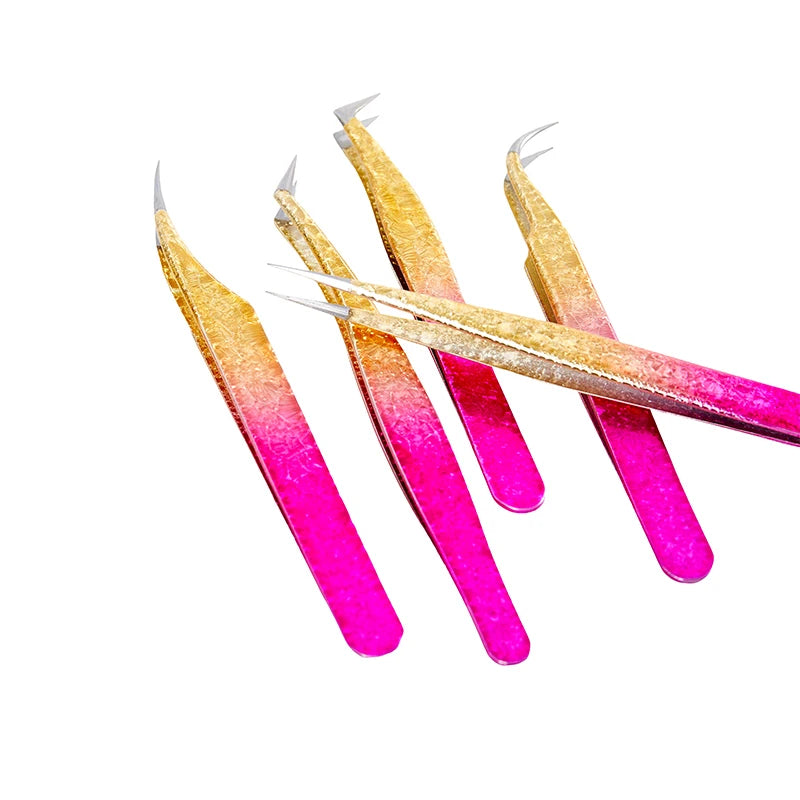 Pinzas para extensiones de pestañas de acero inoxidable de color degradado, pinzas de precisión antiestáticas, herramienta para extensión de pestañas