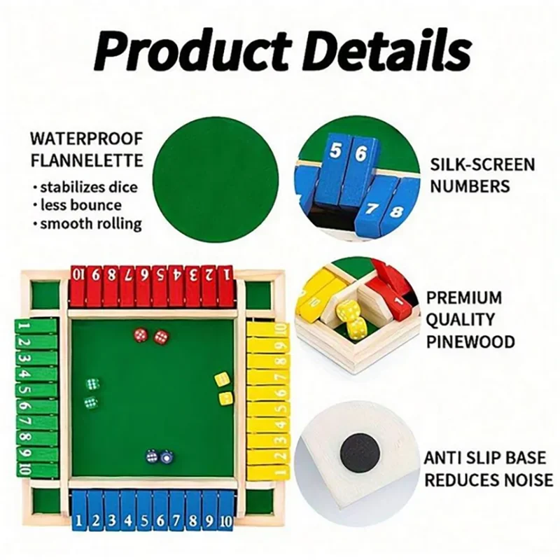 Jeu de société classique en bois à 4 faces avec 2 dés et instructions de fermeture, version classique sur table et jeu de société de pub