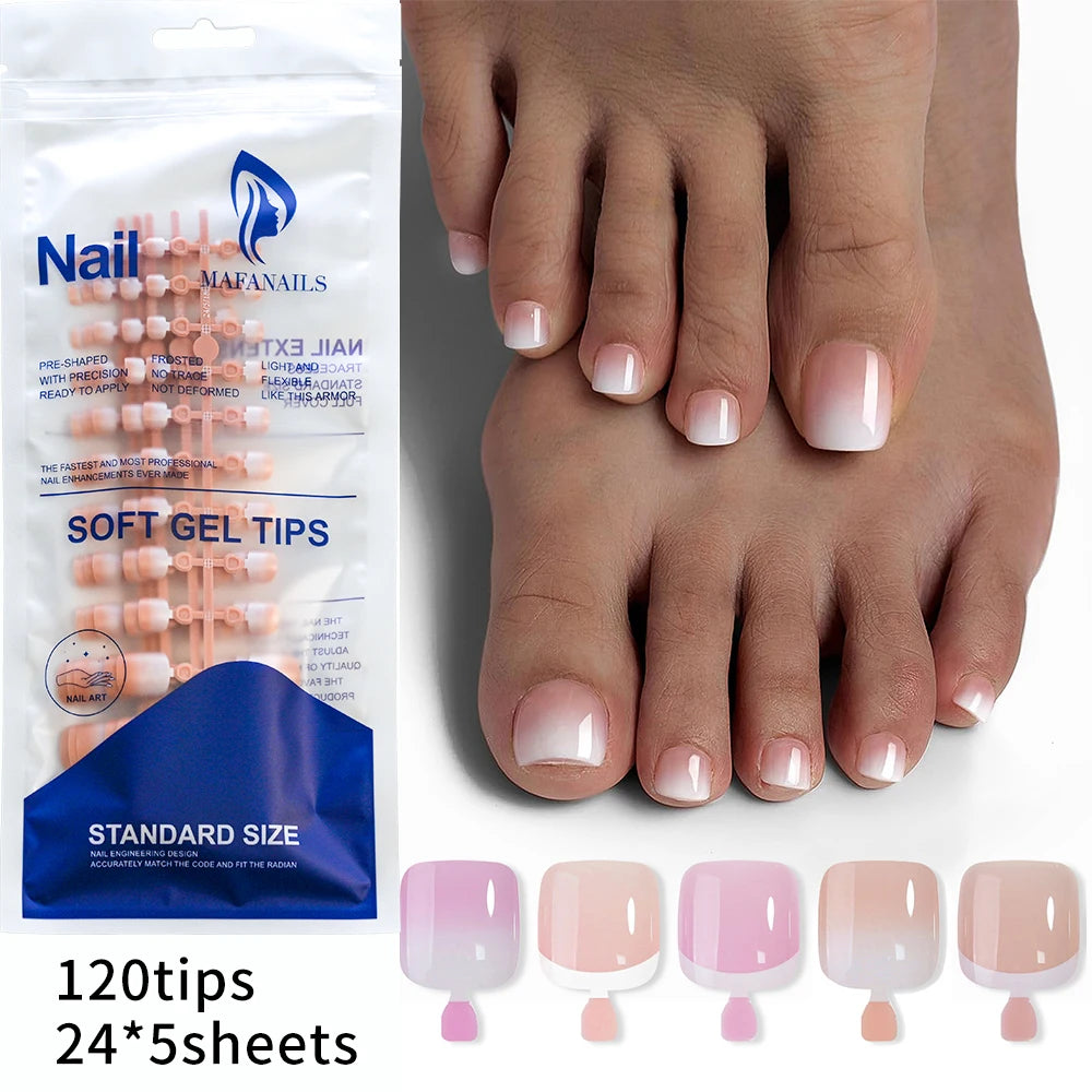 Faux ongles français pour pieds, 120 pièces, bord blanc, couverture complète, pression quotidienne, ongles courts carrés roses pour manucure des pieds
