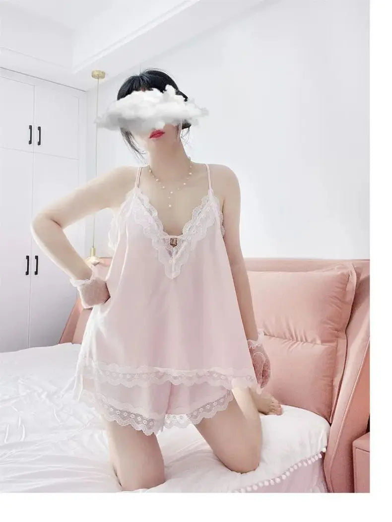 Conjuntos de pijama Y2K para mujer, ropa de hogar sexy de verano, talla grande, de seda fresca, suelta, elegante, con cuello en V y encaje, conjunto de dos piezas
