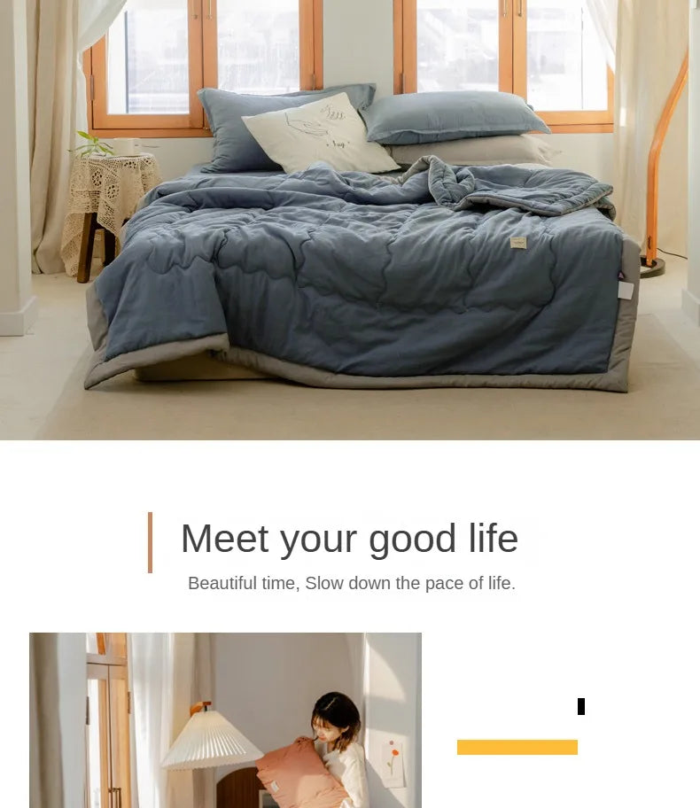 Nouvelle couette d'été matelassée en coton polyester japonais douce pour la peau, lavable, légère, style luxueux, couleur unie, légère