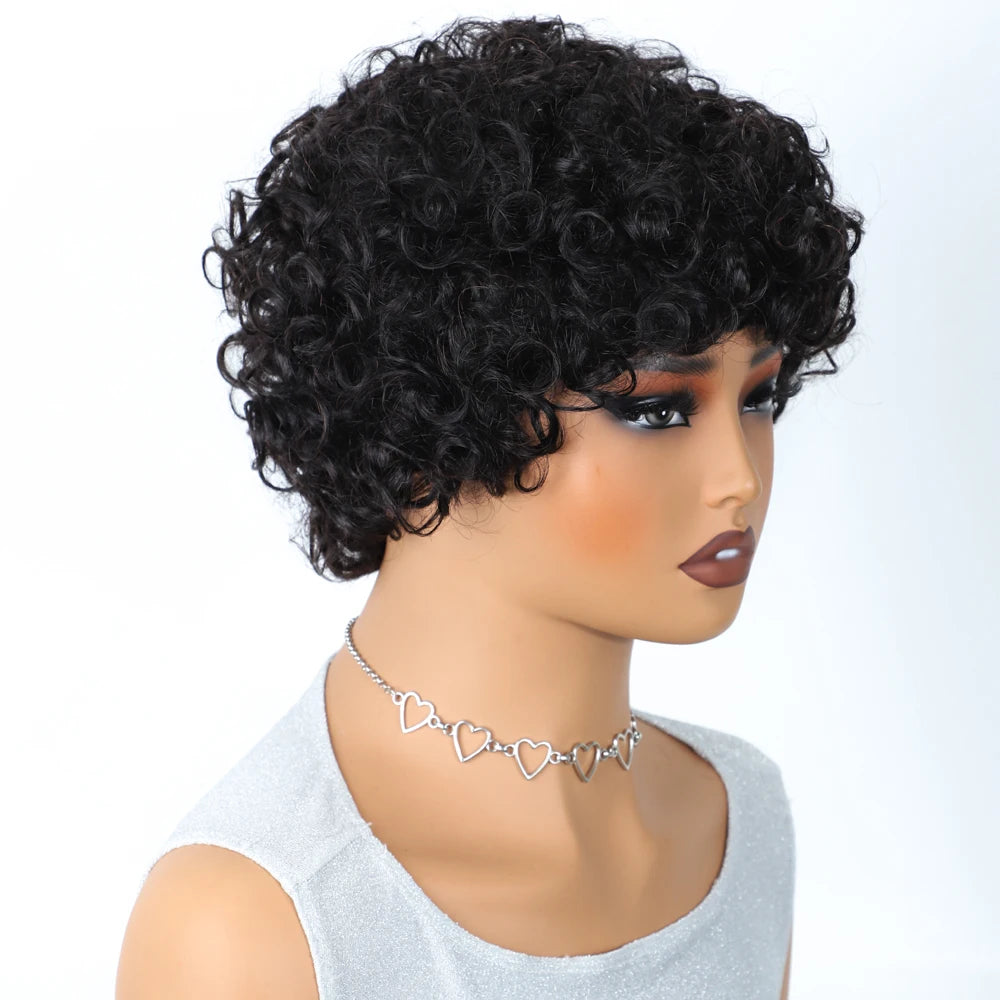 Lekker Clearance Black 100% Human Hair Wigs Short Pixie Cut Afro Curly Bob For Women Brazilian Remy Hair Full Machine Made Wigs