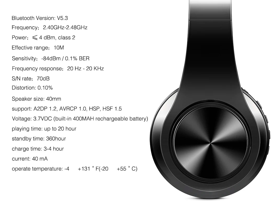 Casque sans fil Bluetooth stéréo avec microphone intégré pour Android et iOS.
