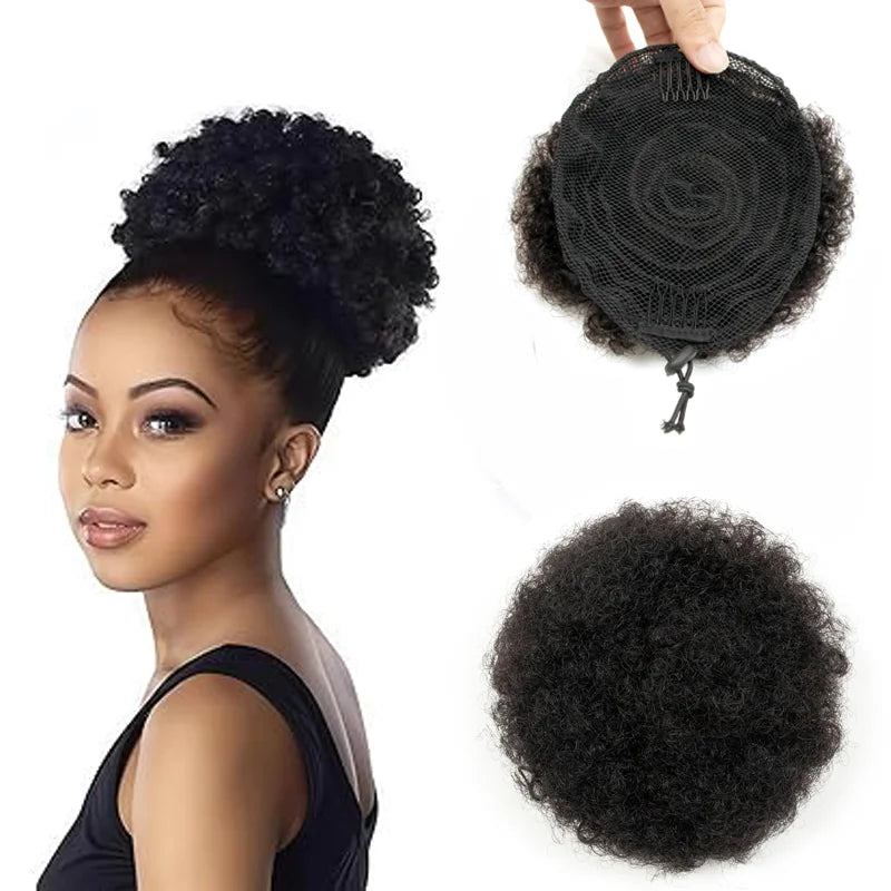 Queue de cheval en cheveux humains bouclés Afro Crépus Chignon à cordon de serrage Extensions de chignon haut à clipser pour femmes noires 4 6 8 pouces