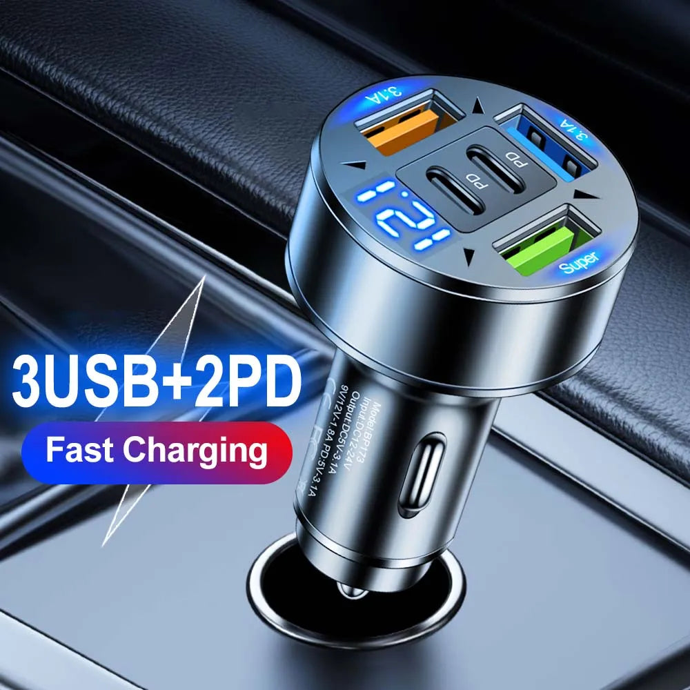 250W 5-in-1 PD QC3.0 Car Charger Fast Charging USB C for IPhone,Samsung Galaxy, IPad Pro, Multi-Port Plug Lighter Adapter