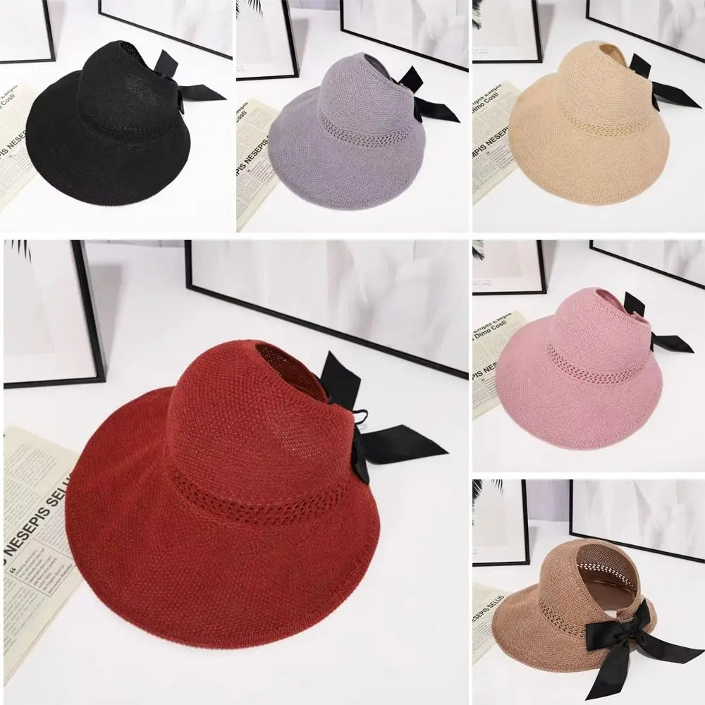 Chapeau de soleil à nœud creux tendance pour femme, large bord, queue de cheval, casquette de plage, protection UV, crochet