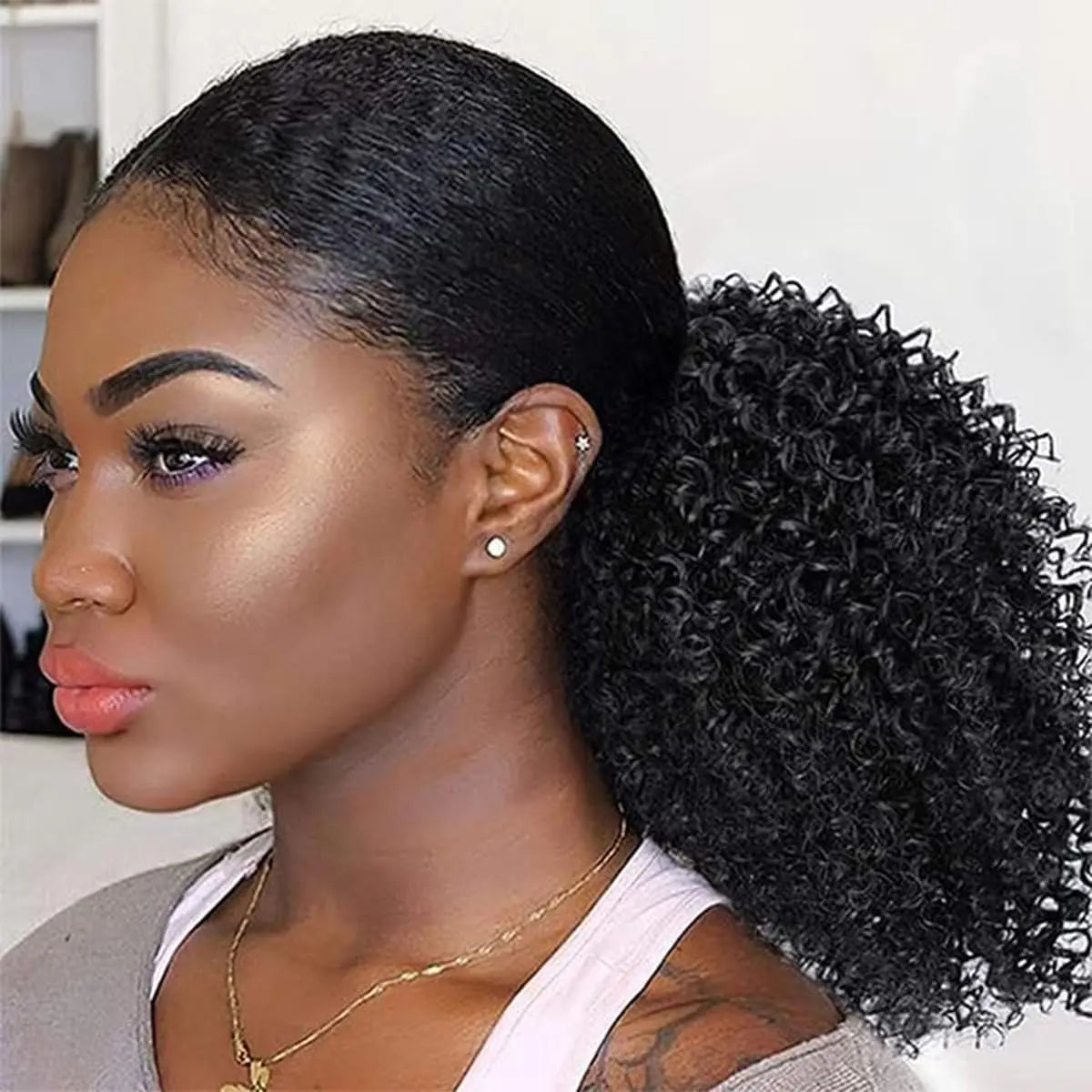 Synthetic Afro Puff Drawstring Ponytail Extension for Black Women Short Afro Curly Clip On Kinky Drawstring Bun