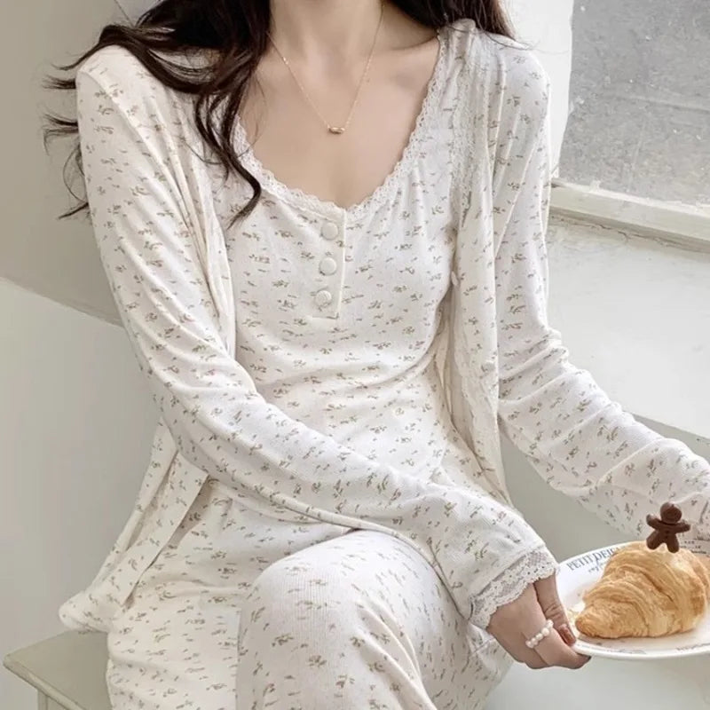 Three-Piece Pajama Set for Women Floral Lace Sweet Cardigan Camisole Homewear Long Sleeves Long Pants Fancy Underwear Ladies