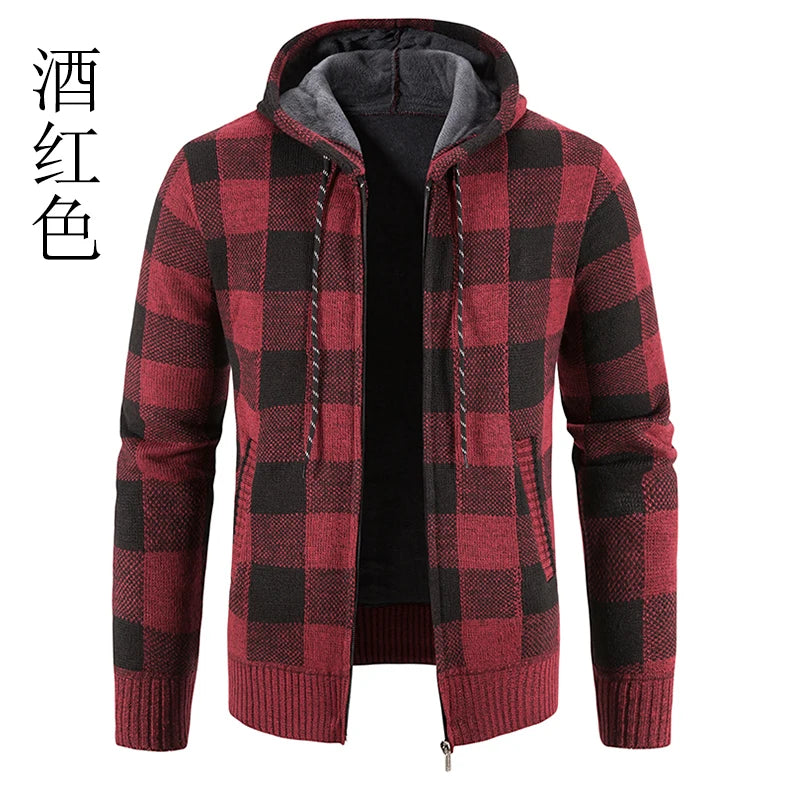 Chaqueta a cuadros nueva para hombre, suéter con capucha, forro polar de otoño e invierno, ropa informal gruesa y cálida, cortavientos para el frío