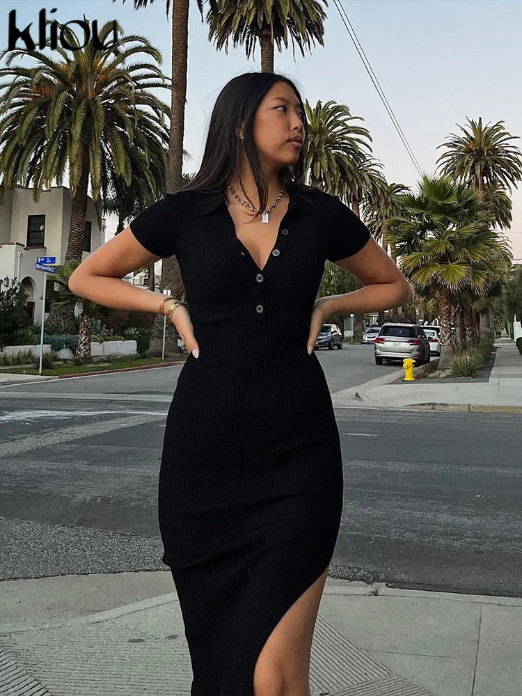 Kliou Elegante Vestido Largo de Oficina para Mujer Color Liso Cuello Vuelto Manga Corta Botones Abertura Lateral Moldeador de Cuerpo Estilo Urbano