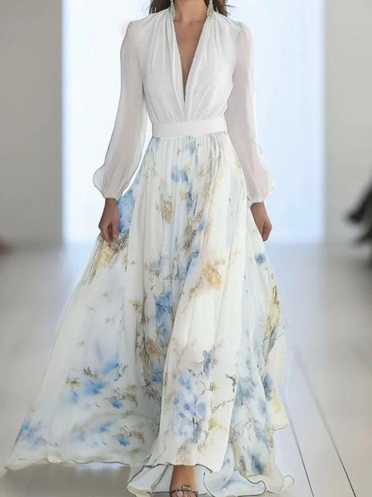 Vestido elegante con estampado para mujer, manga larga, cuello en V profundo, cintura alta, holgado, túnica femenina, ropa de mujer para fiesta, nuevo