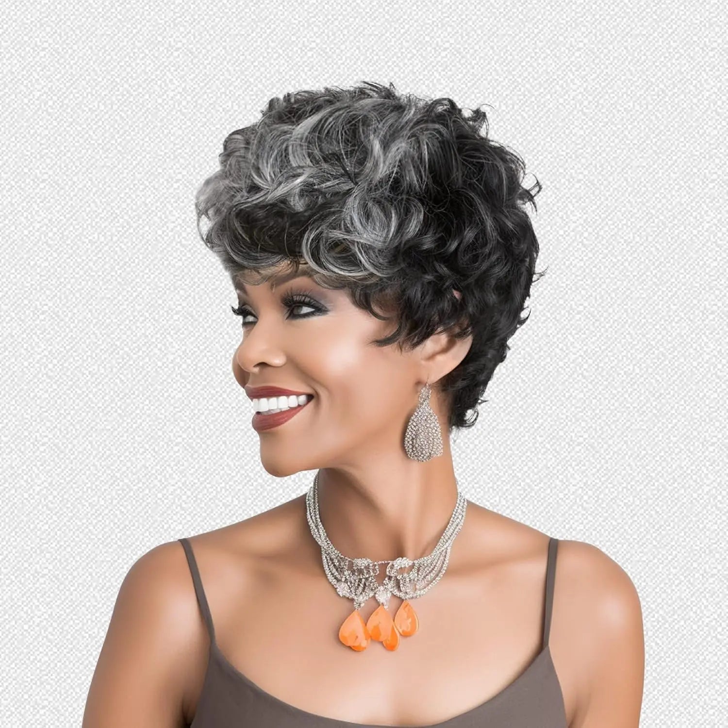 Black women's short elf wig with bangs, layered style, curly synthetic short hair wig, women's short curly wig