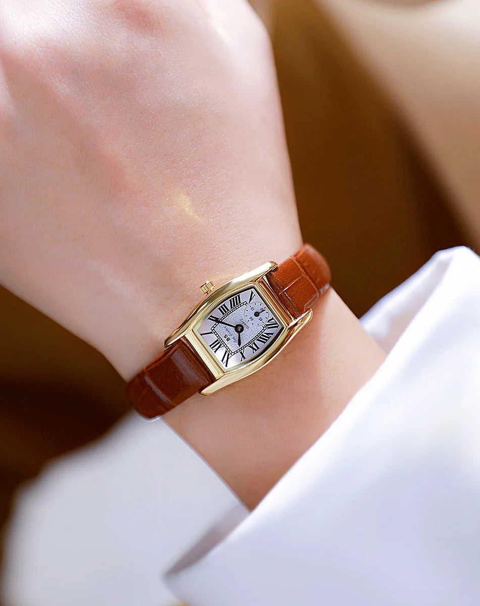 Relojes para mujer, elegante, vintage, rectangular, para dama con correa pequeña de cuero marrón, a la moda, dorado, de cuarzo, reloj de pulsera para mujer 2025