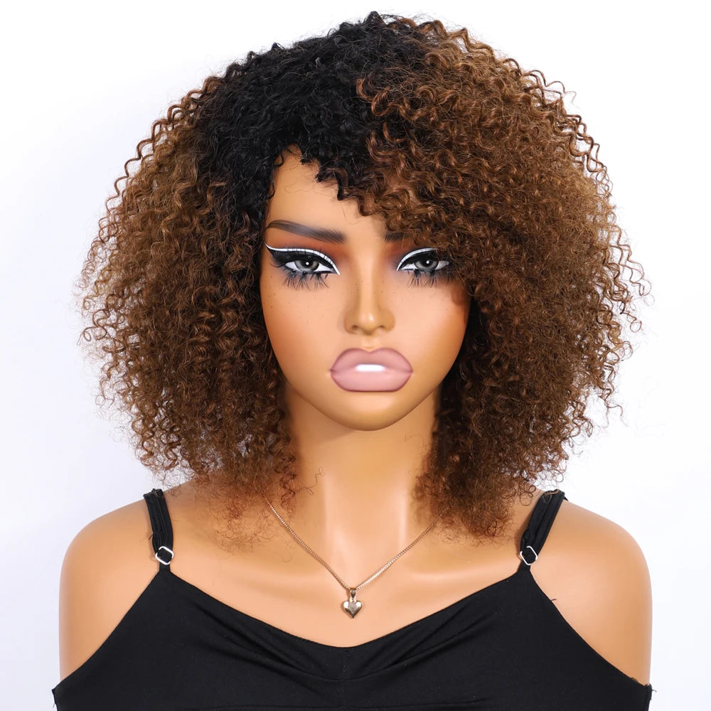 Highlight Short Kinky Curly Human Hair Wigs with Bangs Glueless Wig Brazilian Remy Short Curly Bangs Wig Human Hair for Women