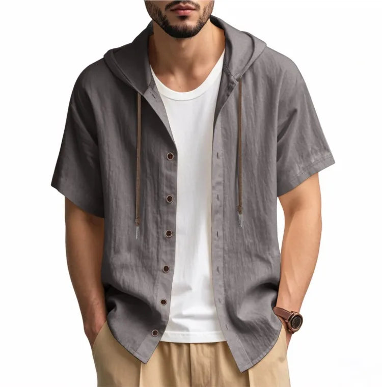 Men's Short Sleeve Shirt Cotton Linen Solid Color Shirts Men Hooded Casual Shirt Man Single Breasted Tops Men Breathable Shirt