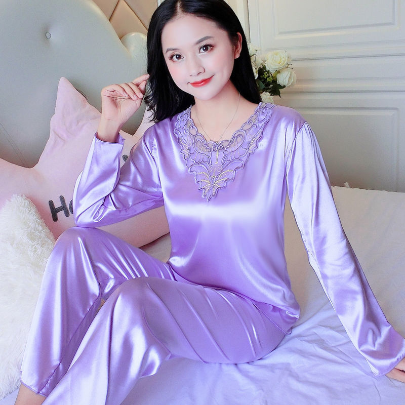 Women's Pajamas Set Summer Long Sleeve And Pants Pyjamas Two-piece Set Pajama Ice Silk Satin Sexy Sleepwear Home Suit Loungewear