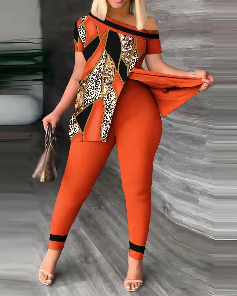 Conjuntos de dos piezas elegantes para mujer, nueva moda, estampado, top de manga con volantes, conjunto de pantalones de color sólido con cinturón, blusas, ropa femenina