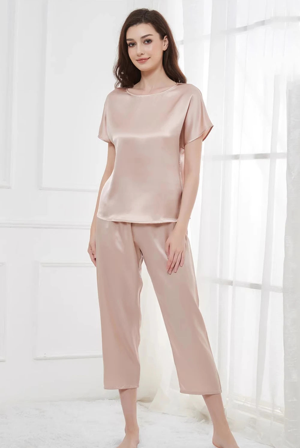 Conjunto de pijama de 2 piezas para mujer, pantalones capri, top de manga corta, seda de morera de 19 mommes, ropa de dormir, pijamas, ropa de estar por casa M-3XL