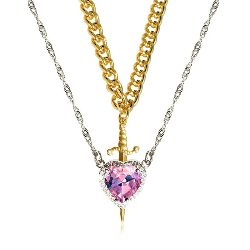 Collar de corazón y espada Collares para parejas Anillo de cristal de circonita Pulsera Conjunto de joyas para regalos románticos del Día de San Valentín