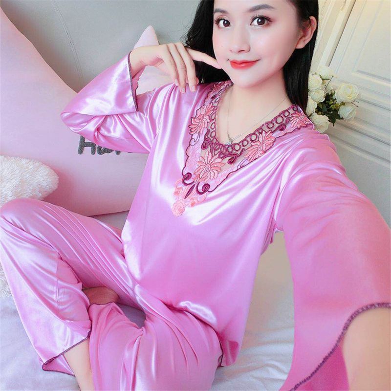 Women's Pajamas Set Summer Long Sleeve And Pants Pyjamas Two-piece Set Pajama Ice Silk Satin Sexy Sleepwear Home Suit Loungewear