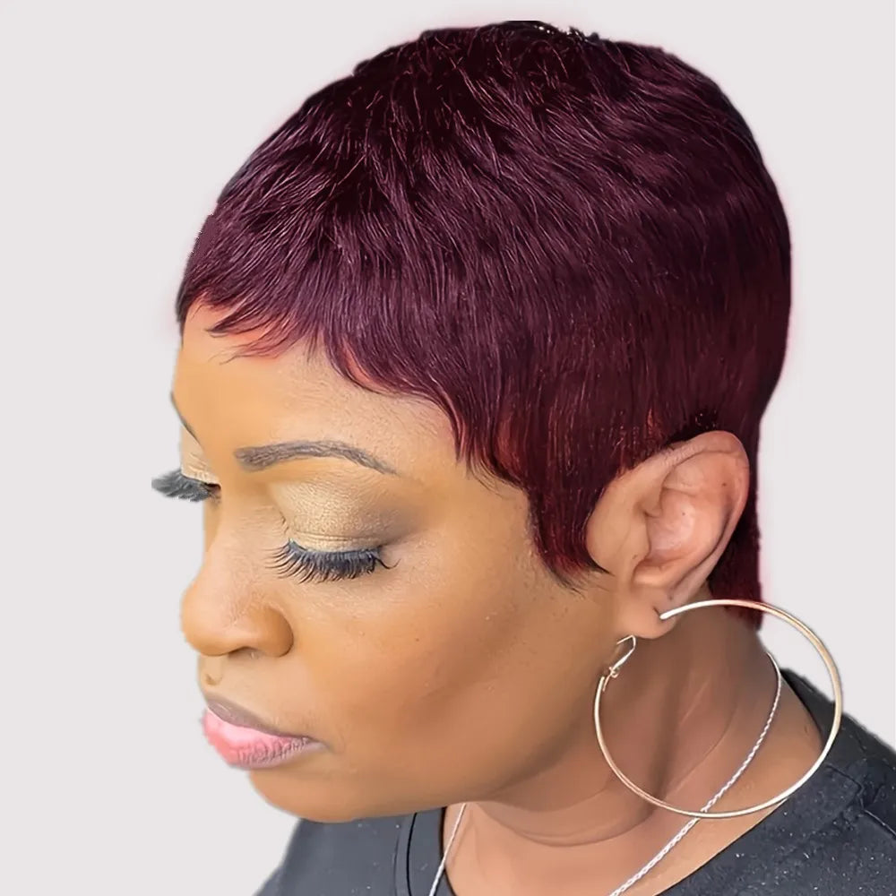 Peluca de cabello humano corto, liso y en capas, color marrón, negro, borgoña, para mujer, para uso diario o fiestas, peluca de corte pixie, hecha a máquina.