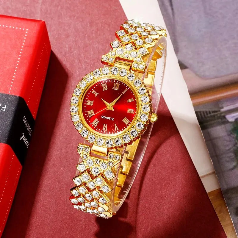 Reloj de lujo dorado, anillo, collar, pendientes para mujer, reloj de pulsera de diamantes de imitación a la moda, conjunto de joyas con pulsera para mujer casual
