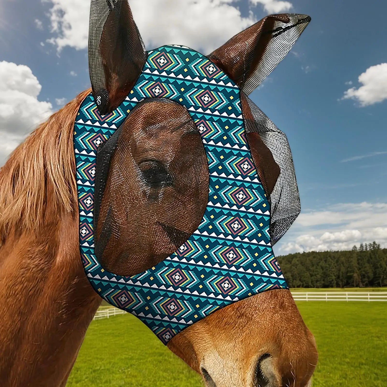 Masque pour cheval avec oreilles, protection anti-mouches respirante, ouverture réglable pour la crinière, équipement équestre, protection UV, fournitures pour animaux de compagnie