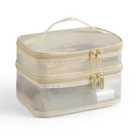 Trousse de maquillage en maille double couche, trousse de toilette, sac de rangement portable grande capacité pour femme, sac de rangement pour cosmétiques