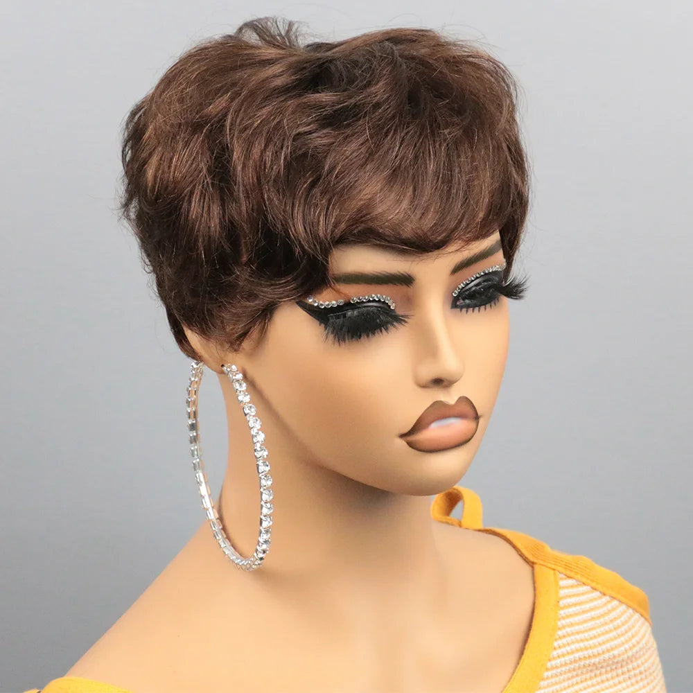 Peluca Bob Corto de Cabello Humano para Mujeres Negras, Pelucas Pixie Cut de Cabello Humano, Peluca Sin Pegamento, Peluca Sin Encaje Frontal con Flequillo, Negro Natural