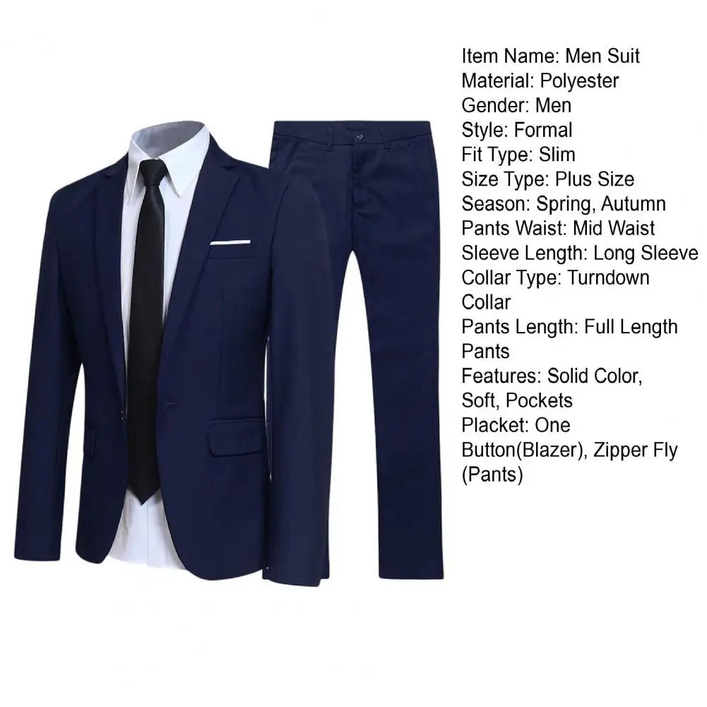 Traje de negocios informal para hombre, color liso, cuello vuelto, ajustado, traje de novio para boda, blazer, pantalones, conjuntos para hombre
