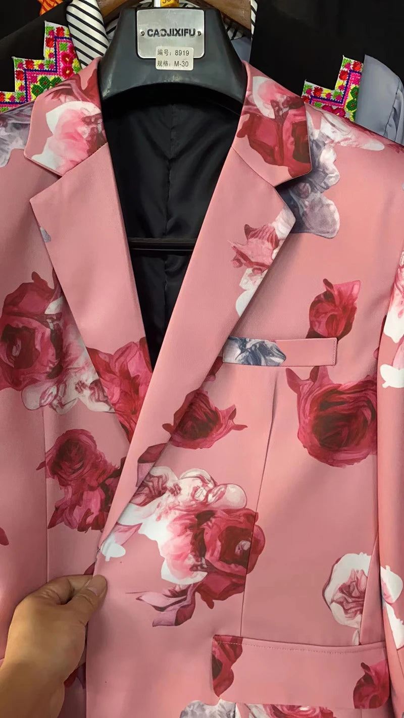 Traje casual de hombre, abrigo y pantalón con estampado digital de exquisitas rosas, para cosplay, fiesta, escenario o discoteca