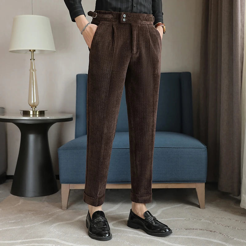 Nuevo pantalón informal de cintura alta de felpilla napolitana de lujo ligero para hombres, pantalón de vestir para hombres de ajuste delgado con sensación premium, pantalón