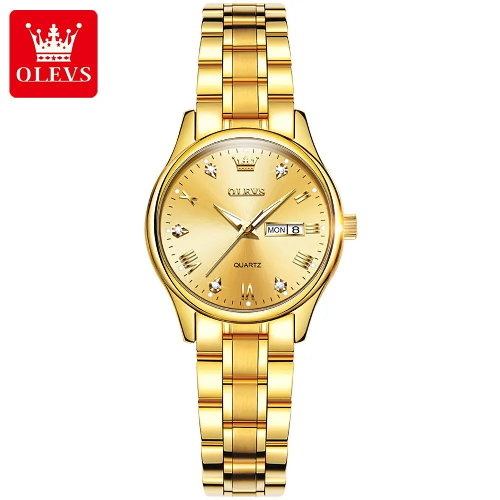 OLEVS Reloj de pulsera para mujer, relojes originales para mujer, de acero inoxidable impermeable, de lujo, de cuarzo, reloj de pulsera para mujer, dorado, Reloj Hombre