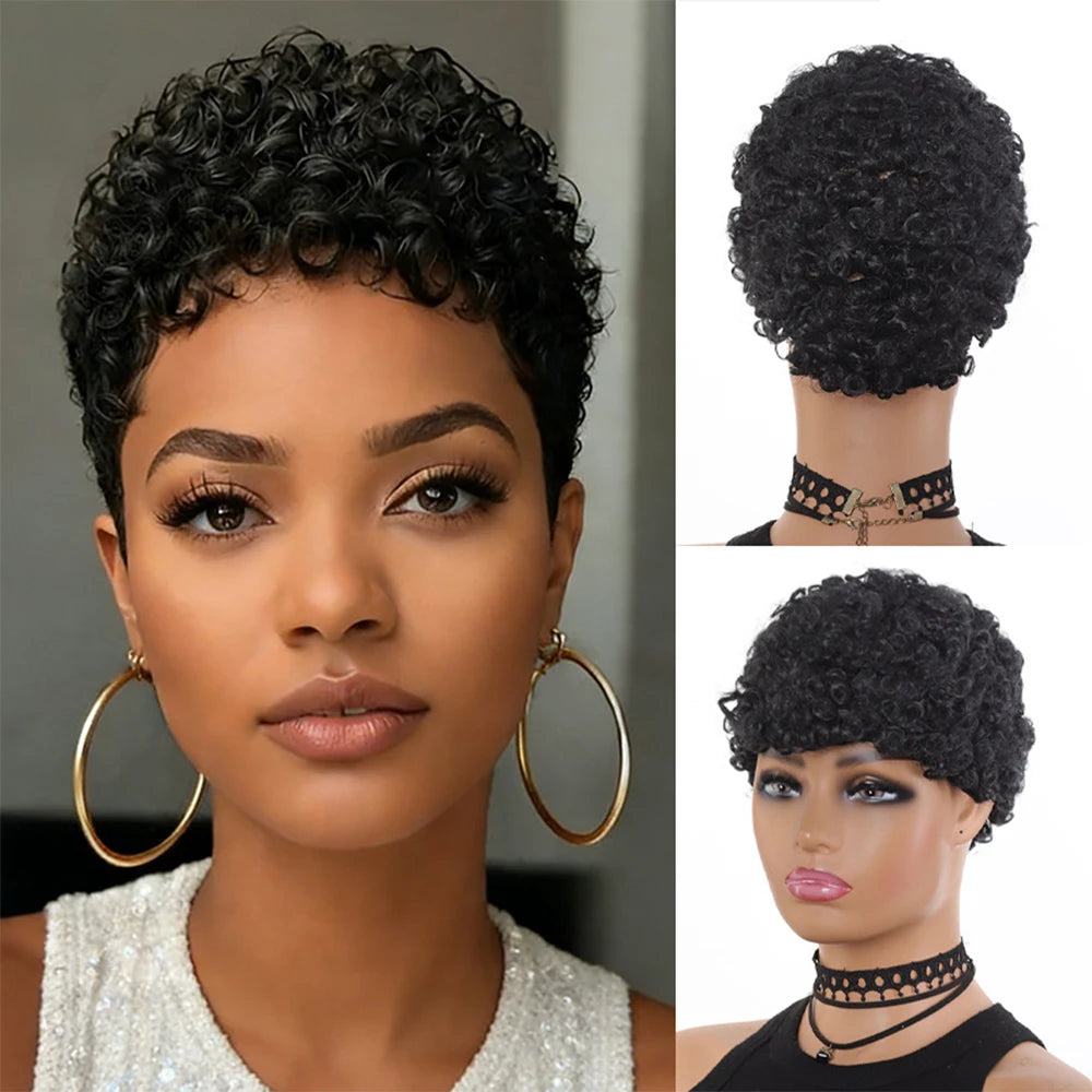 Afro Kinky Curly synthetic wig Hair Wig Short Pixie Cut Wig Full Machine-Made Wig for Women