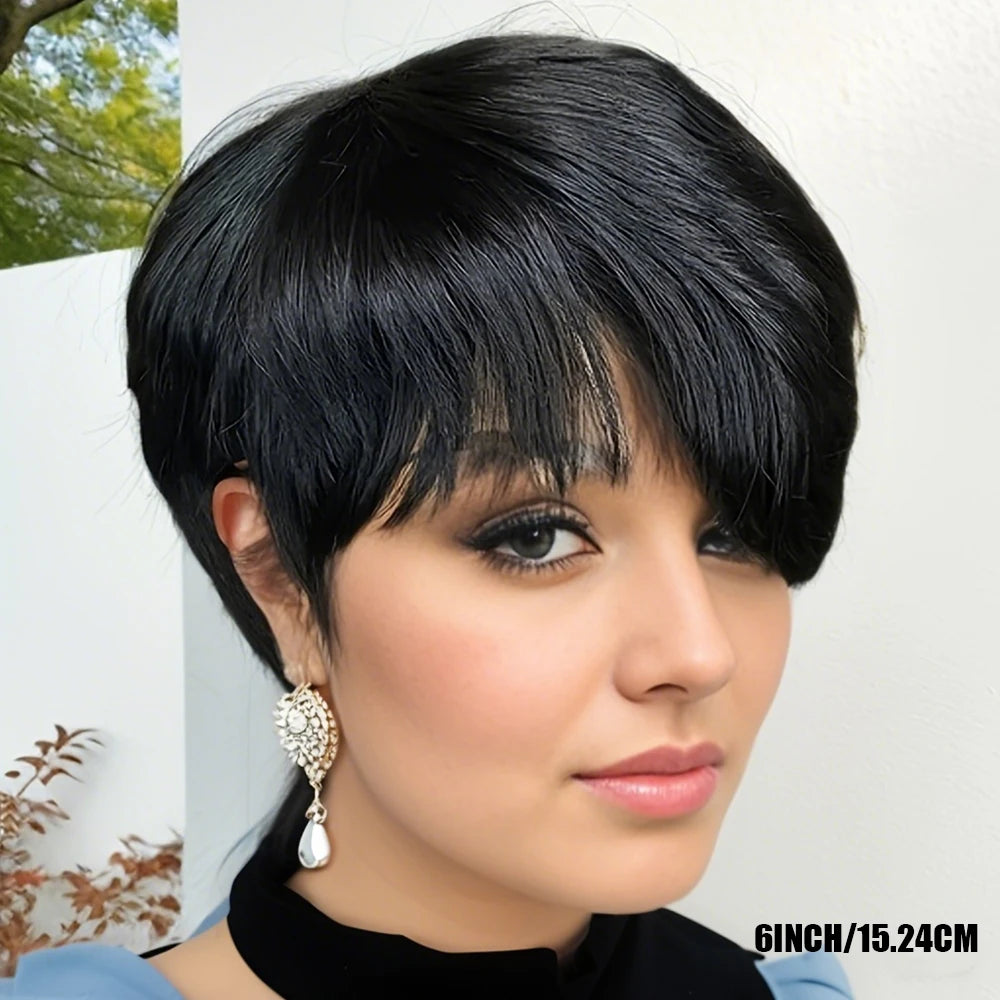 Short Pixie Cut Human Hair Wig – Natural Black with Layered Bangs