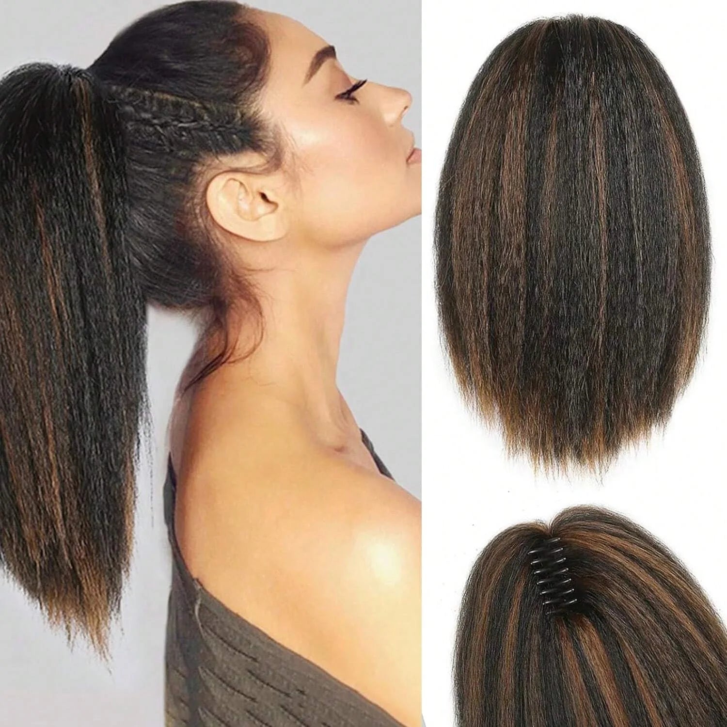 Queue de cheval afro bouffante YAKI 30-60 cm | Cheveux synthétiques à clipser type tresses collées | Style africain naturel, postiche longue et volumineuse
