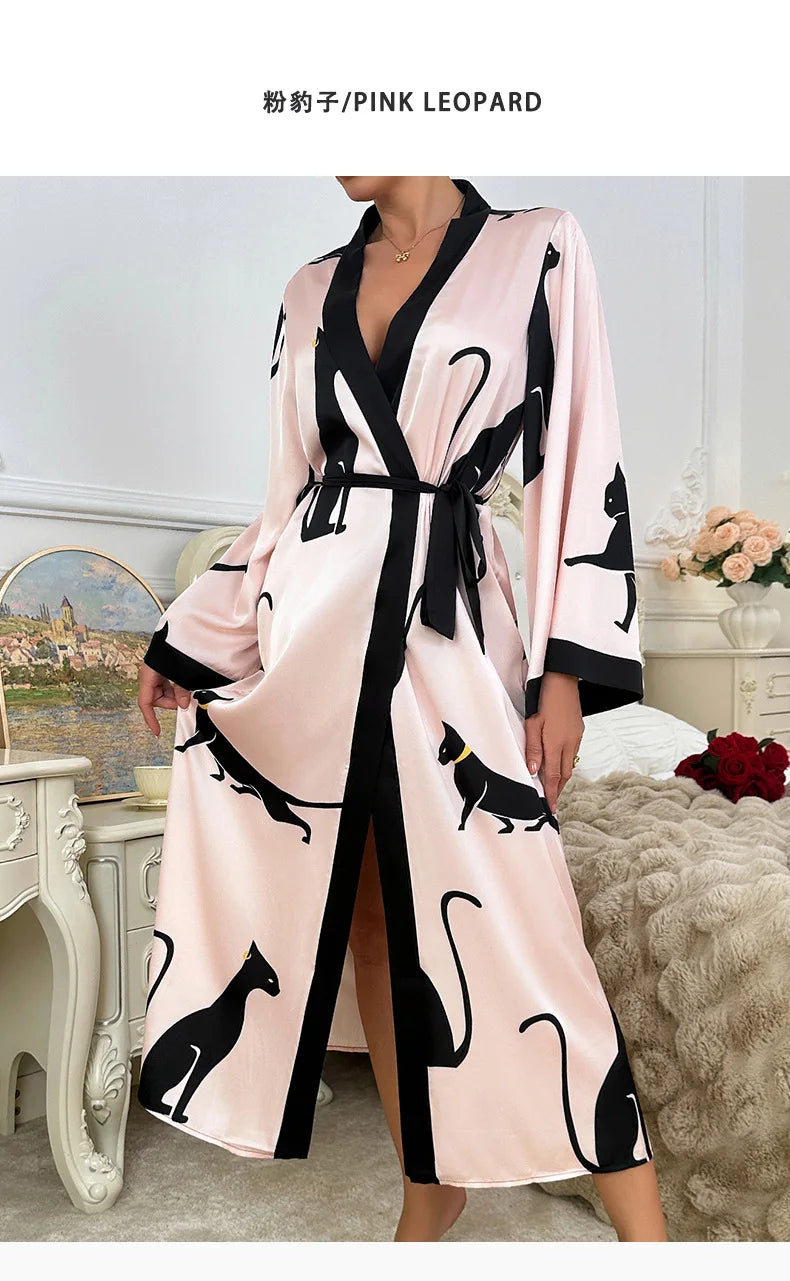 Vestido de fiesta de boda, moda, estampado, bata, ropa de mujer, camisón suelto de seda satinada, manga larga, bata de baño para mujer