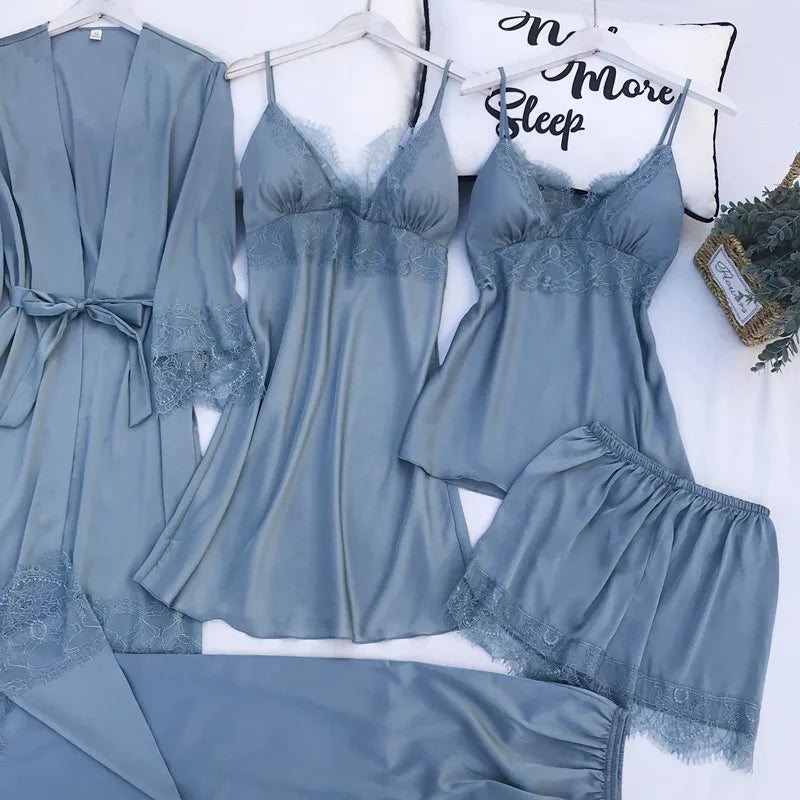 Pijama de cinco piezas para mujer, ropa de dormir para primavera y verano, camisón, bata de baño sexy de encaje, bata de satén de seda suelta para el hogar, ropa de estar en casa