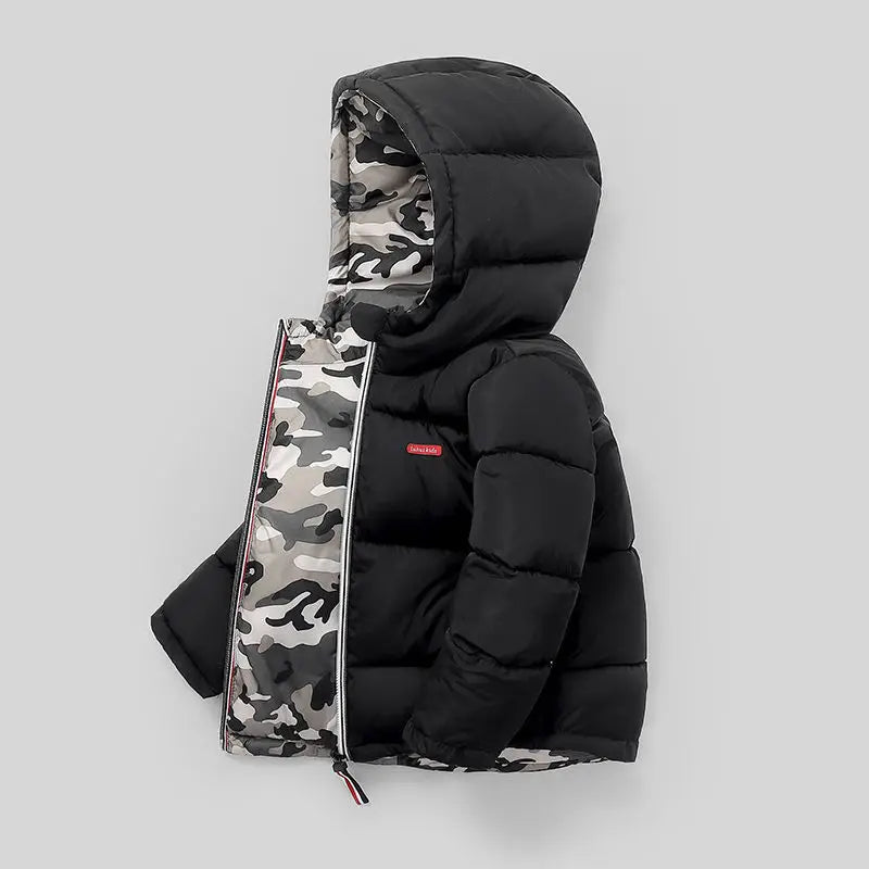 Abrigo de plumón cálido y grueso de invierno para niños, chaquetas que se pueden usar por ambos lados, ropa de abrigo con capucha para bebés y niños pequeños