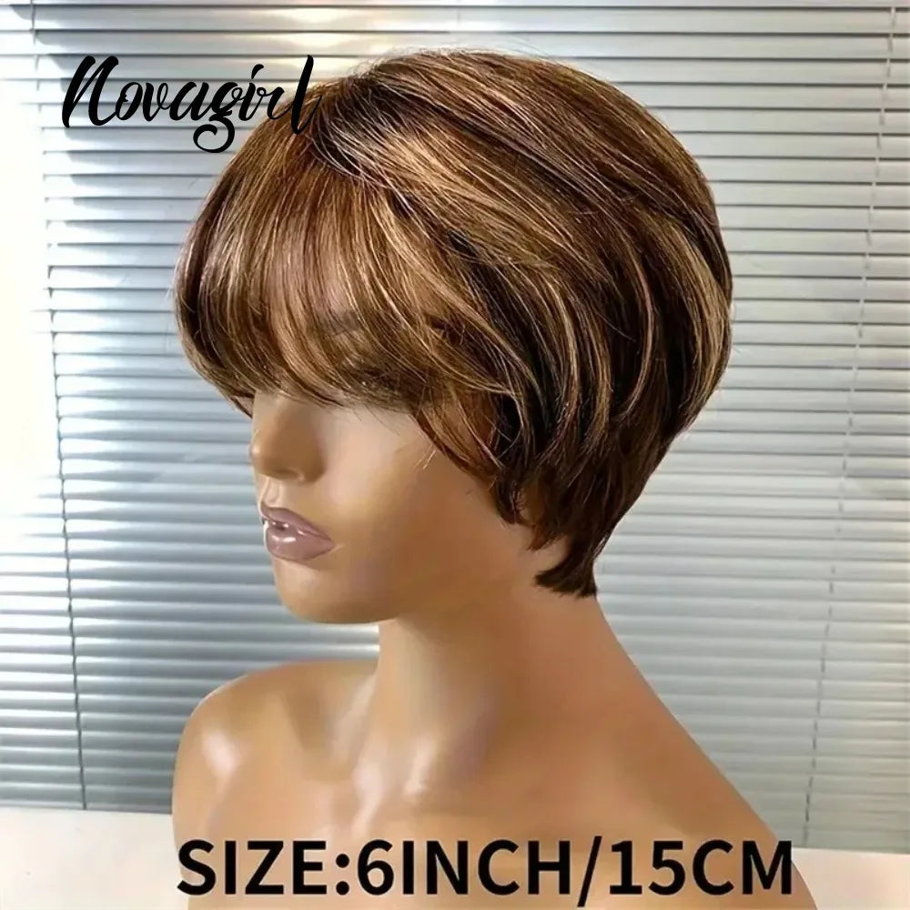 High Quality 6 Inch Pixie Wigs Color P4/27 for Women Full Machine Made Brazilian Virgin Remy Human Hair Soft Comfortable