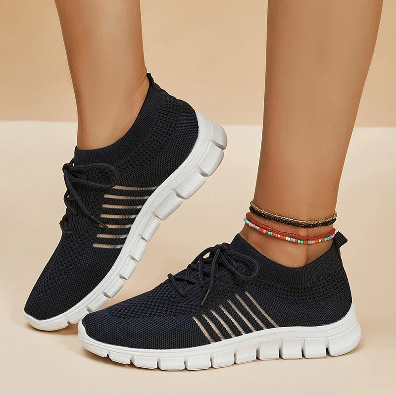 Green Soft Sole Knit Walking Shoes for Women Comfortable Breathable Mesh Sneakers Woman Plus Size Lightweight Casual Flats