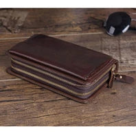 Cartera de lujo hecha a mano de cuero genuino Crazy Horse para hombre, cartera pequeña de cuero para hombre, monedero corto con clip para billetes, bolsa para dinero, café negro