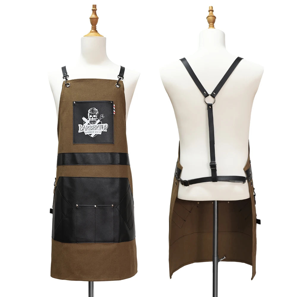 Delantales de barbero, uniforme de cocina para peluquero, delantal impermeable de tela con bolsillo para salón de barbería