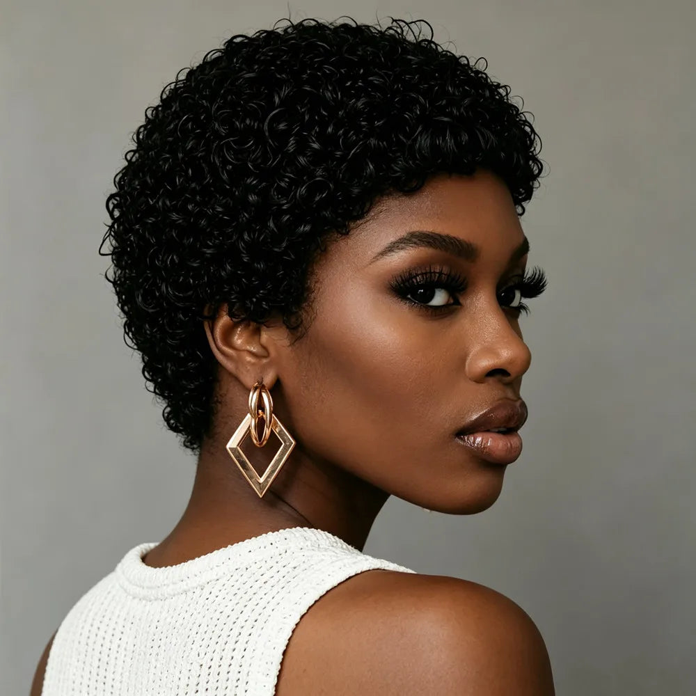 perruque pixie perruque courte afro bouclée de 4 pouces en cheveux humains, couleur noire, densité 150%, perruque courte bouclée en cheveux humains coupée pixie, faite à la machine