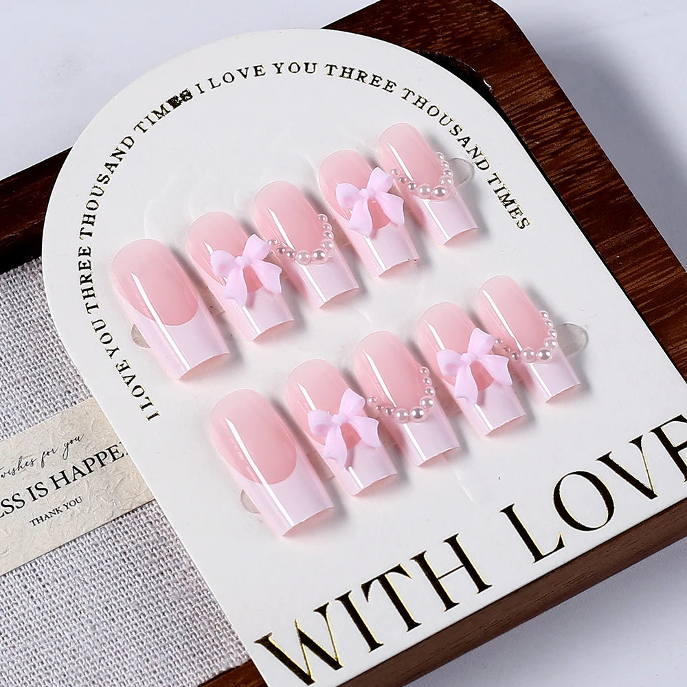 24Pcs 3D Stereo Bow Pearl French False Nails Pink Long Coffin Wearable Ballerina Fake Nails Full Cover Acrylic Press on Nail Tip