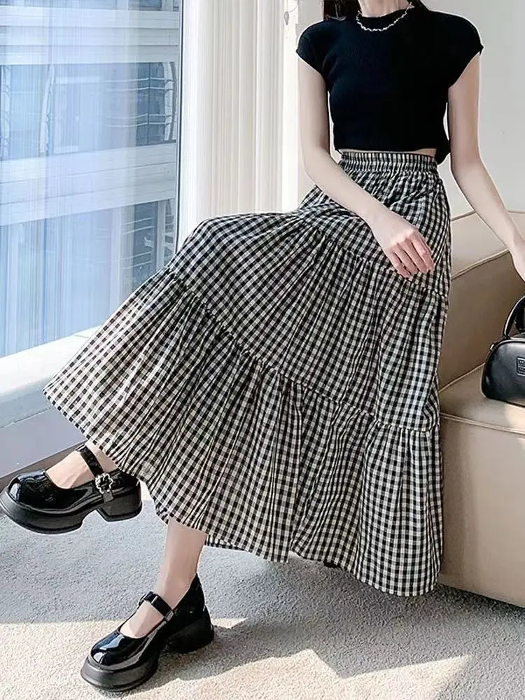 Patchwork Tiered Skirt Women Summer Vintage Checkered High Waisted Elastic Waist Slimming Midi Skir