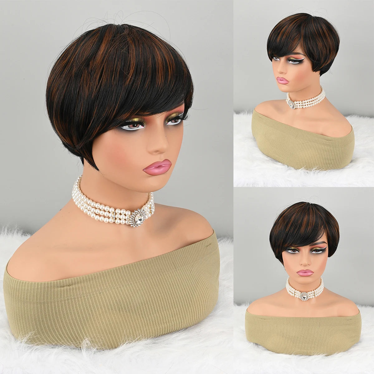 Highlight Synthetic Ombre Black Brown Short Straight Pixie Cut HairStyle Wigs With Bangs