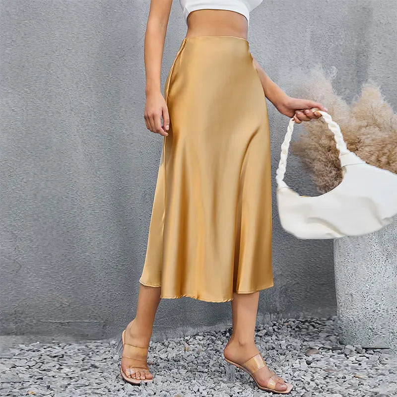 Satin Skirts for Women Korean Style Champagne Office High Waist A-line Skort Fashion Elegant Solid Long Pencil Skirt Silk Like
